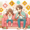 スマホを操作する親子と依存症による影響が背後にアイコンとしてある画像
