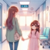 親子が手をつなぎ、病院の廊下を歩く後ろ姿のイラスト
