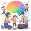 親子が一緒に遊びながら、脳の成長をイメージさせるカラフルな線でつながっているイラスト