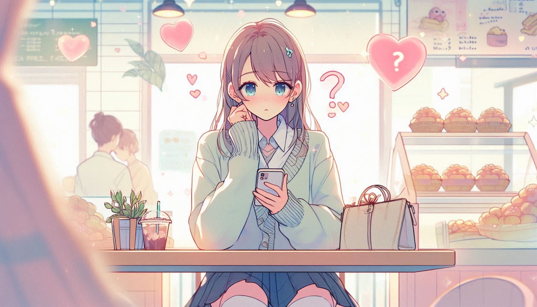 カフェでスマホを見つめる女性、背景に浮かぶハートと「？」マーク、柔らかいパステルカラーのイラスト