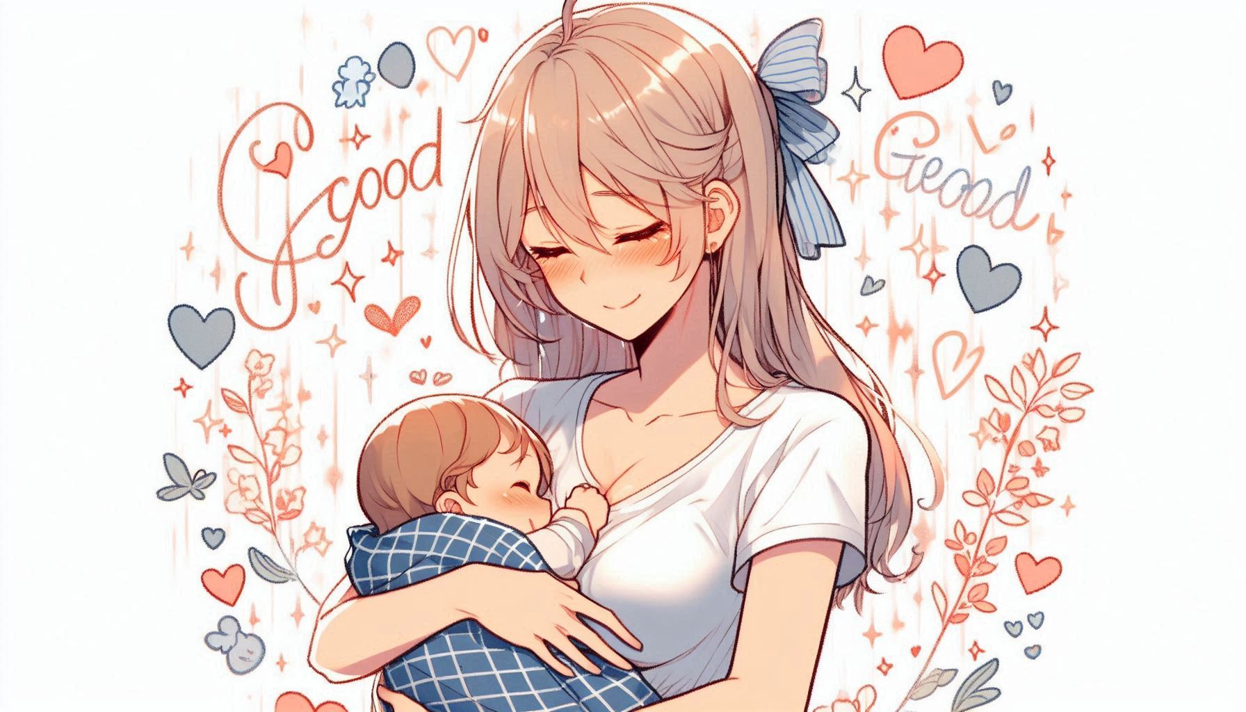 赤ちゃんを抱っこしたママが深呼吸しているイラスト。背景にハートや“good”の文字