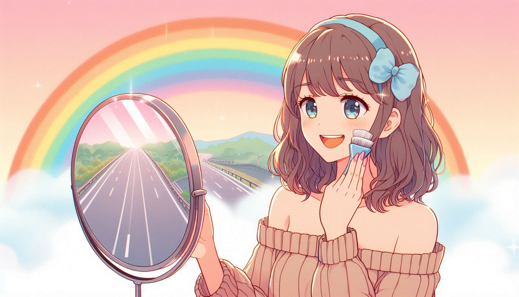 鏡の前で笑顔で自分磨きをする女性と、虹色のリスクチャレンジの道が広がるイラスト