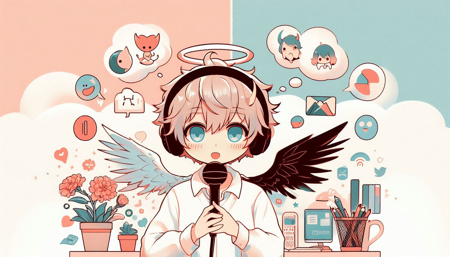 天使と悪魔の羽を持つ人物がマイクで話すイラスト、背景にオフィスとSNSアイコン、やさしいパステルカラー