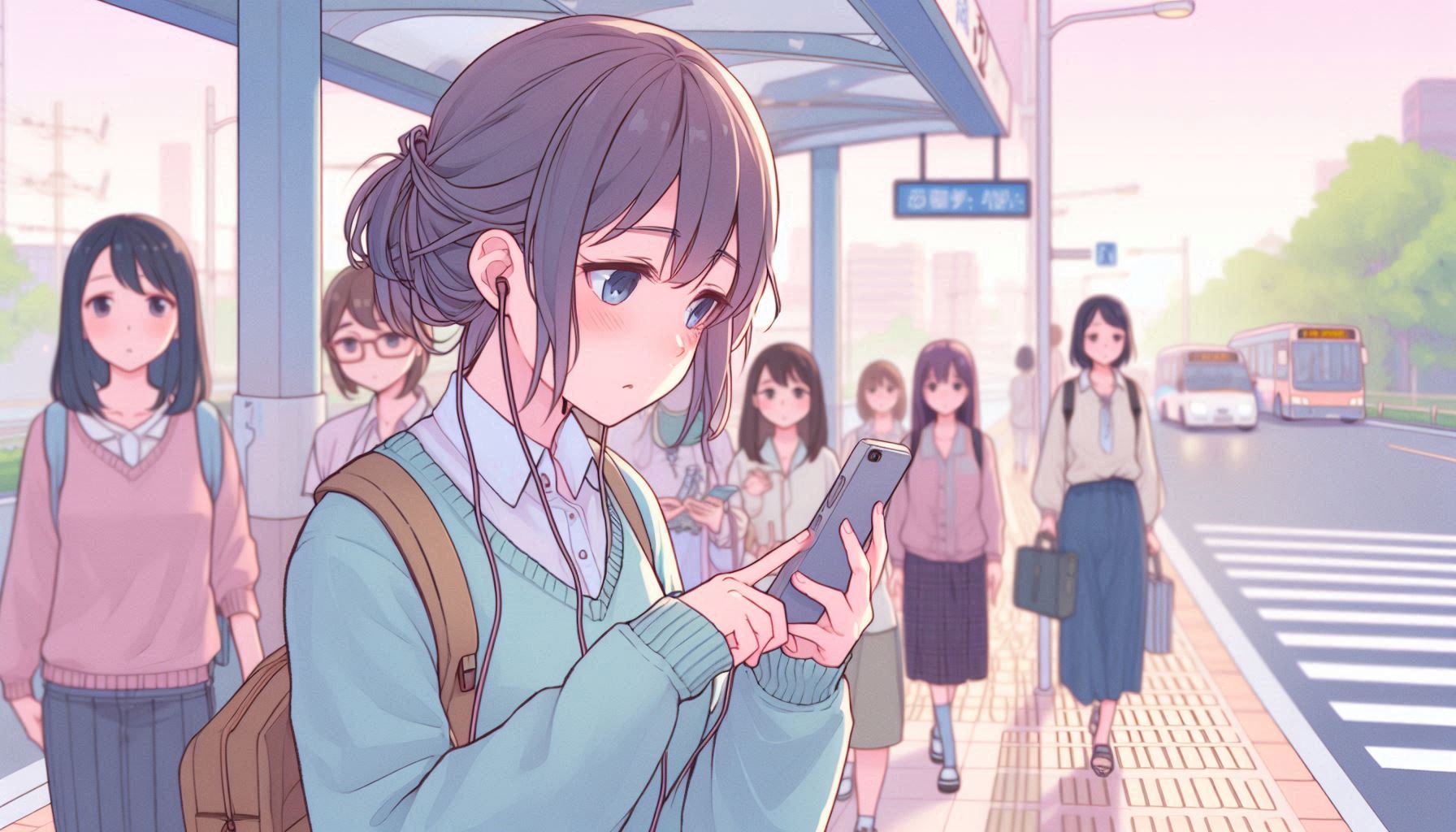仕事帰りで疲れている人がSNSをチェックしているイラスト