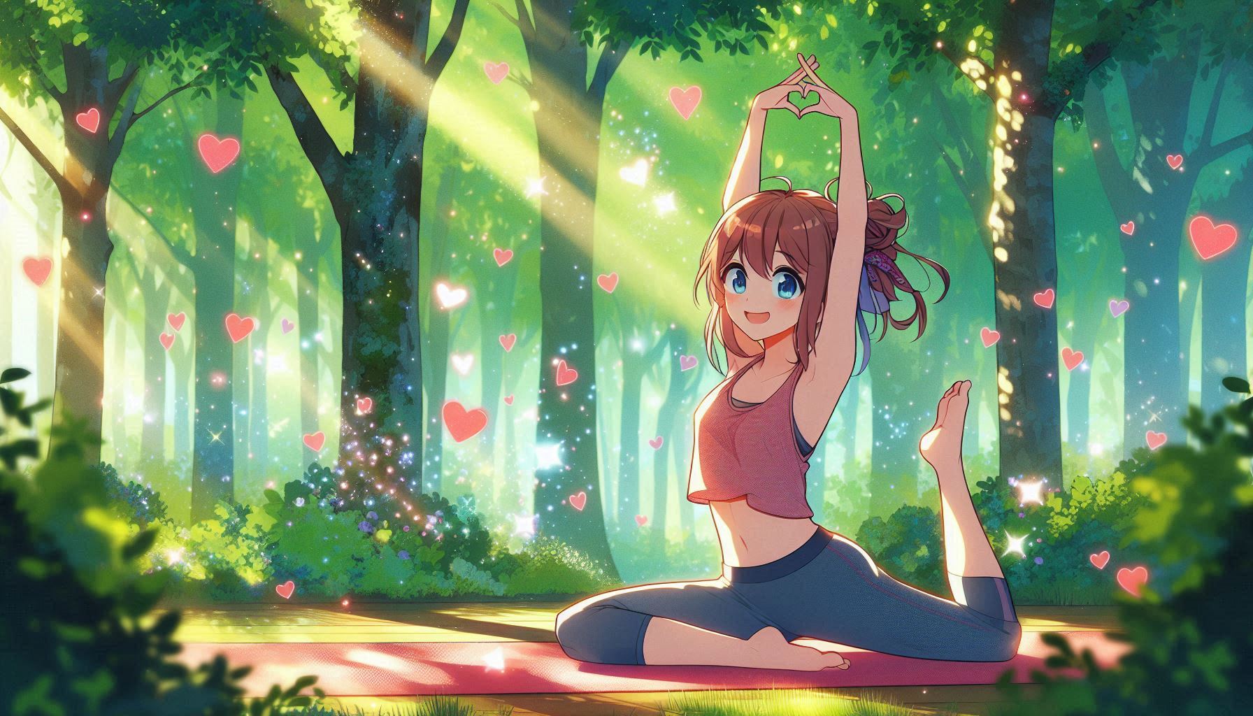明るい森の中で笑顔の女性がヨガのポーズをとるイラスト、背景に光の粒子とハートが舞う