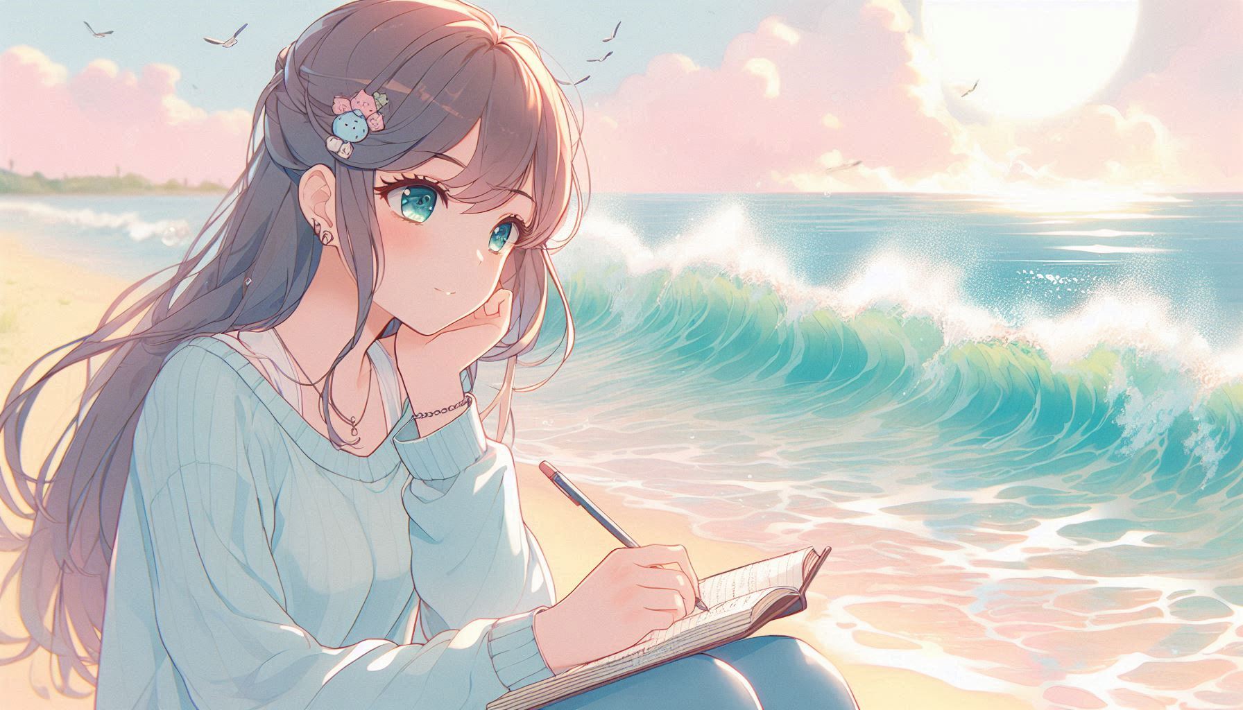 日記を書きながらほっと一息つく女性。背景には穏やかな波