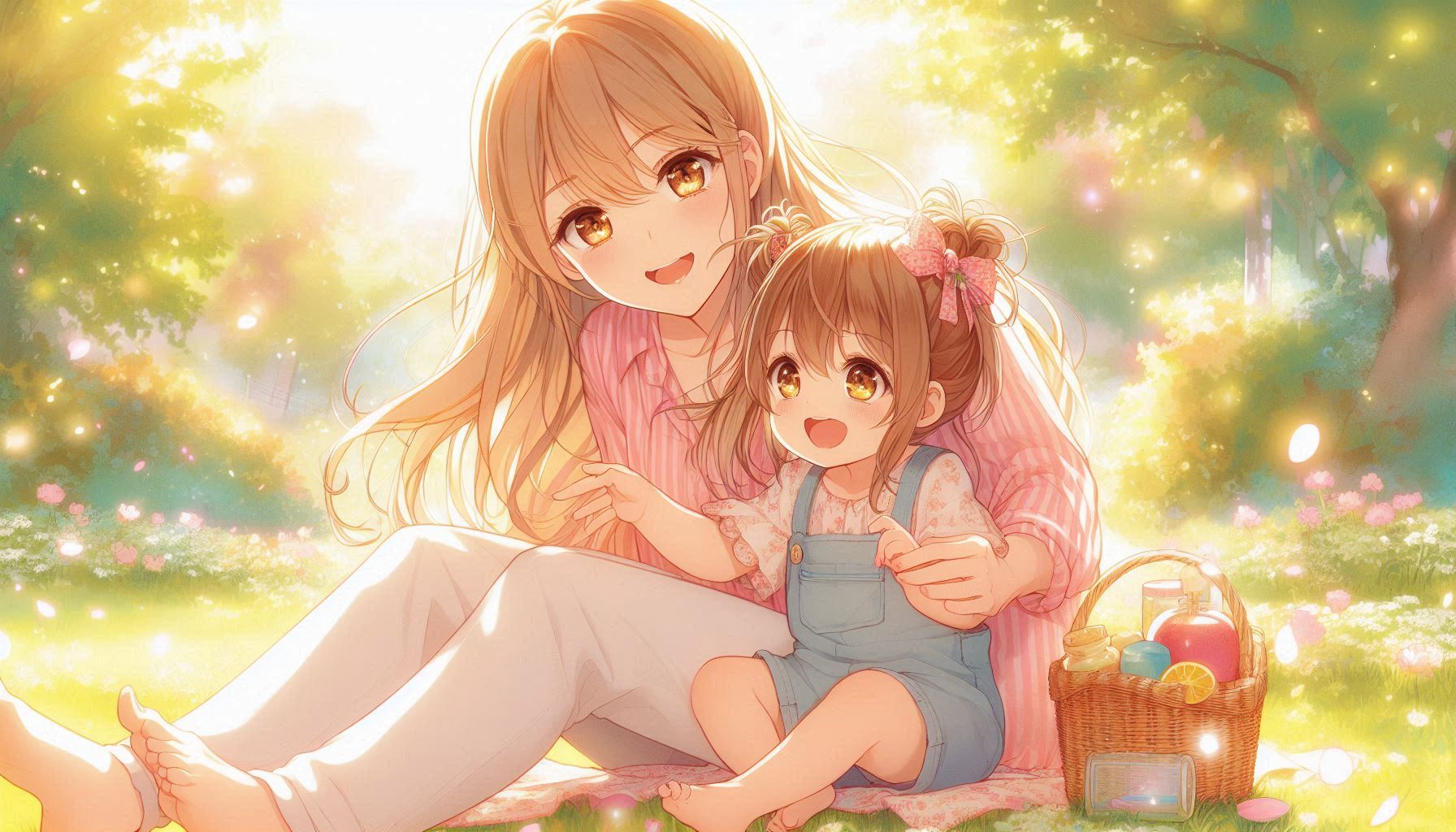 明るい公園で母親と幼児が笑顔で遊んでいる