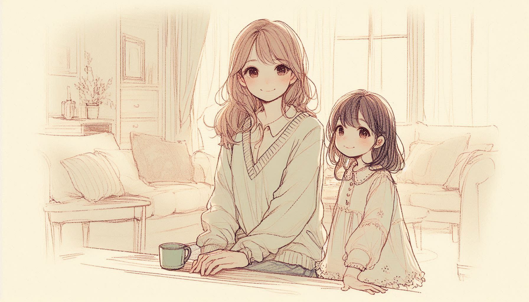 女性と子どもがやわらかい表情でリビング風の背景にいるイメージ