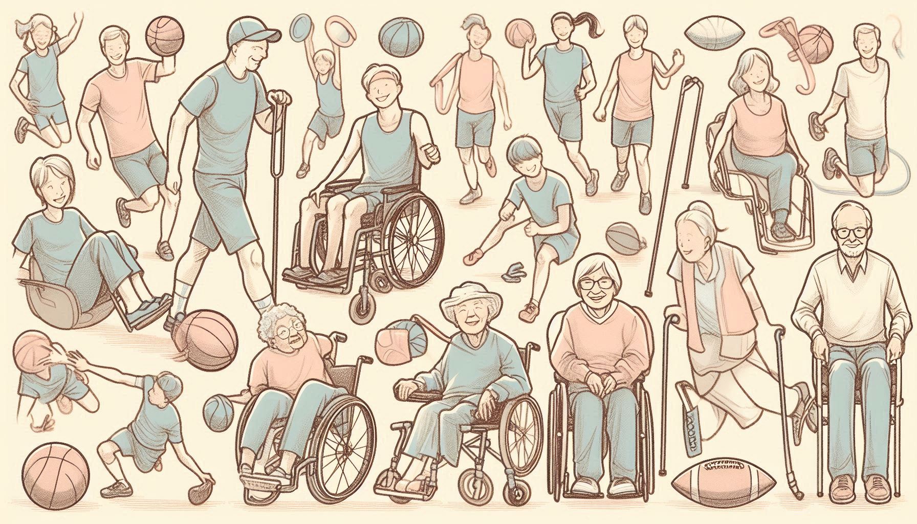 多様な人たち（車いす利用者、子ども、高齢者など）が笑顔でスポーツを楽しんでいる様子