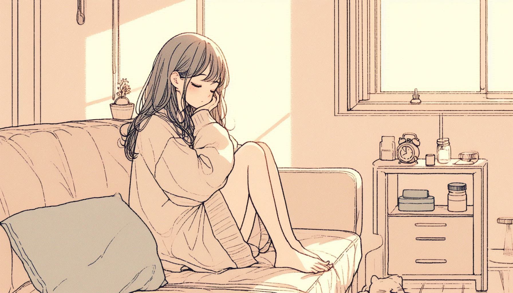 ひとりソファに座って目を閉じる女性