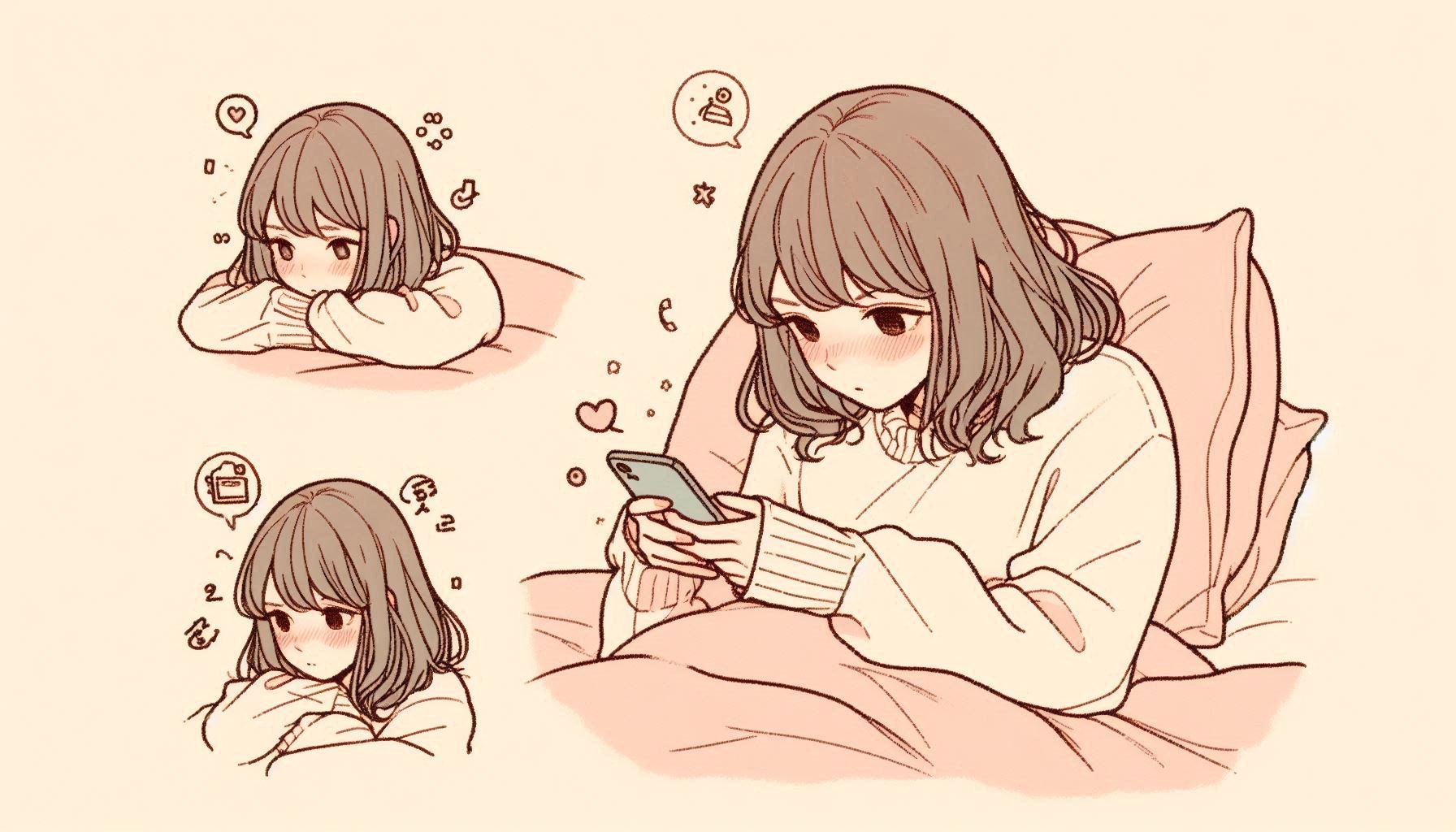 ベッドでスマホをいじる女性