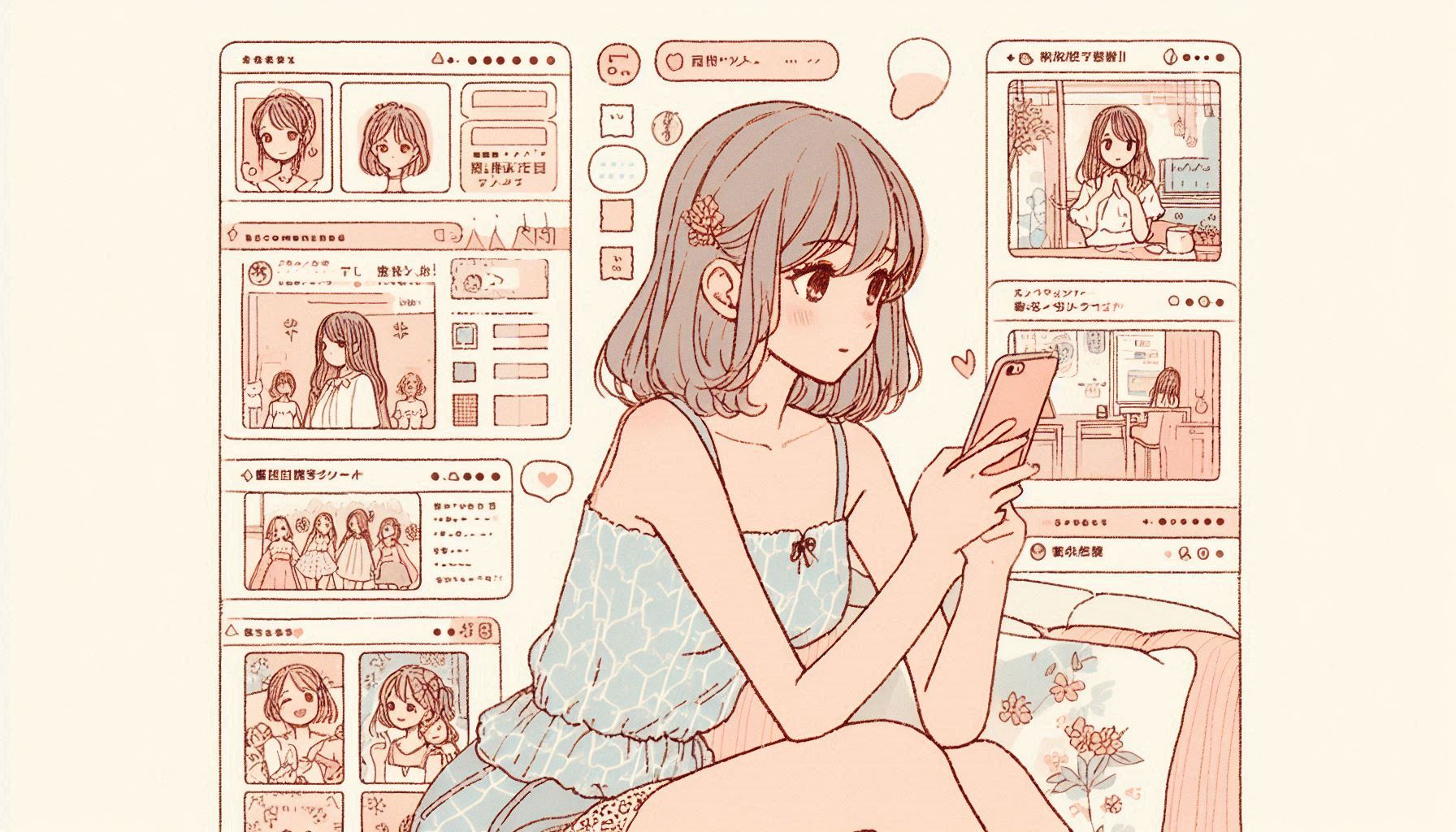 ソファーでスマホを見ている女性。画面の内容が背後に浮かんでいるイラスト