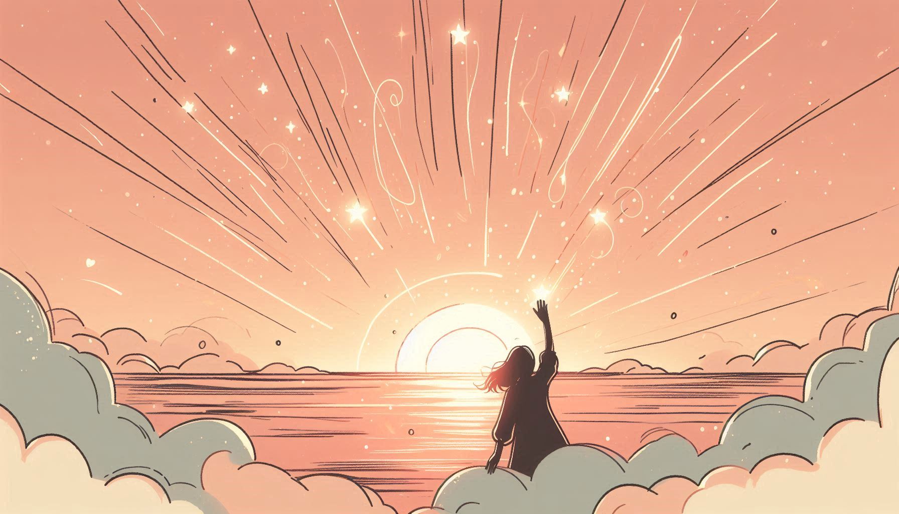 夕焼けの空に向かって手を伸ばす人物