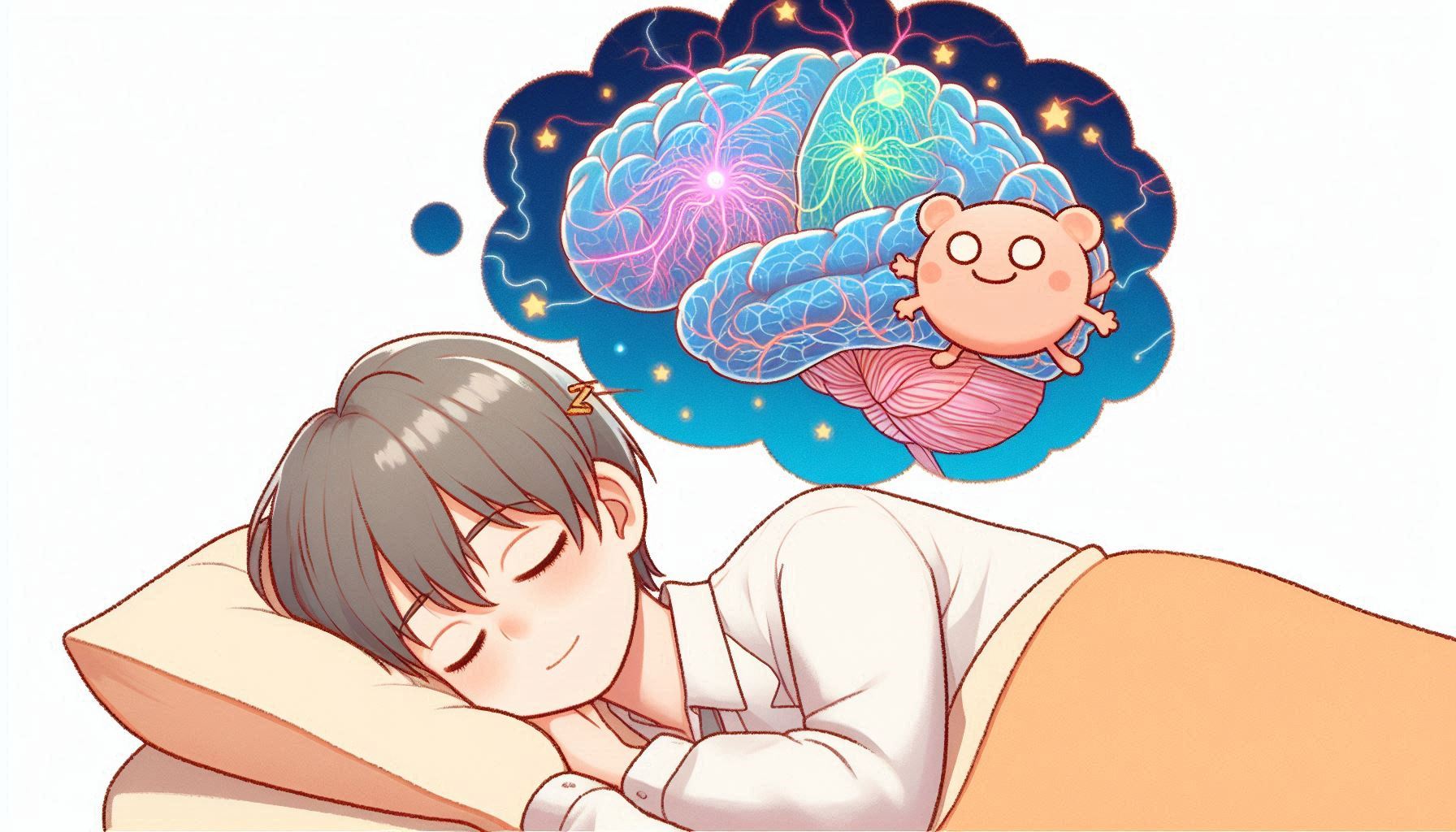 男性が眠って背景に脳があるイラスト