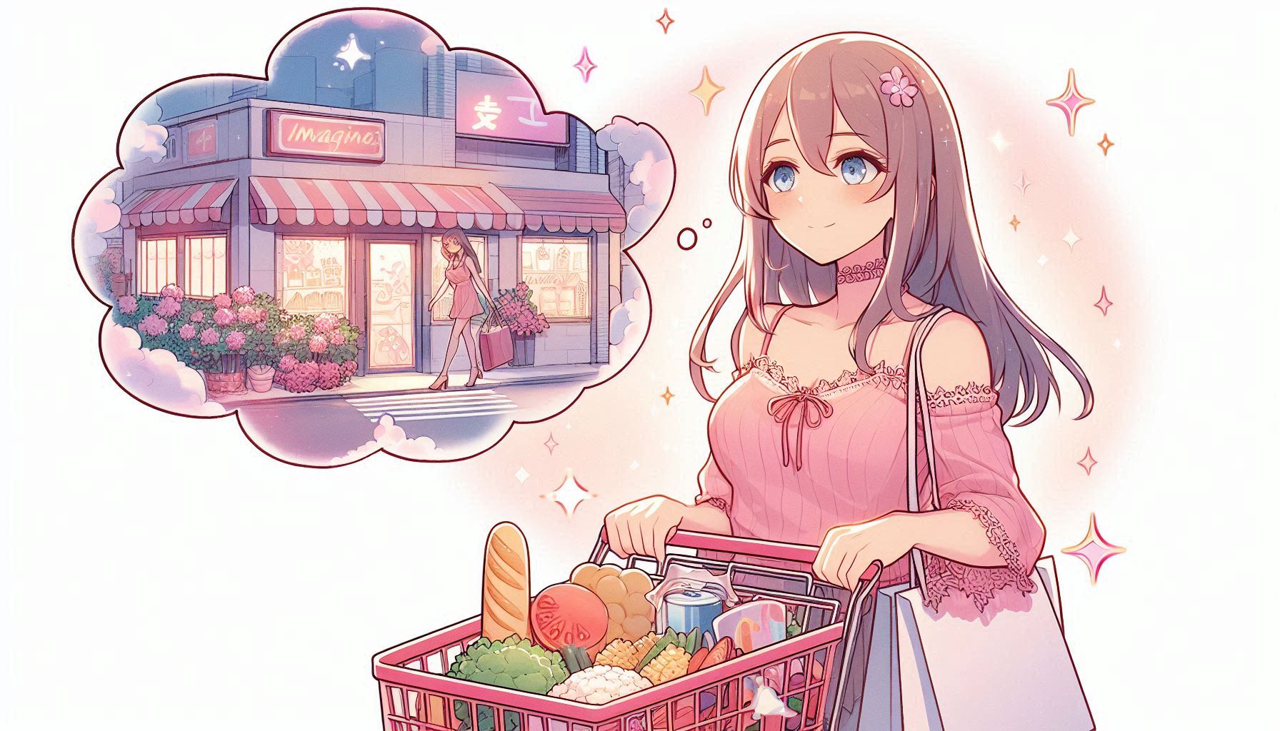 たくさんの食べ物を買い込む女性
