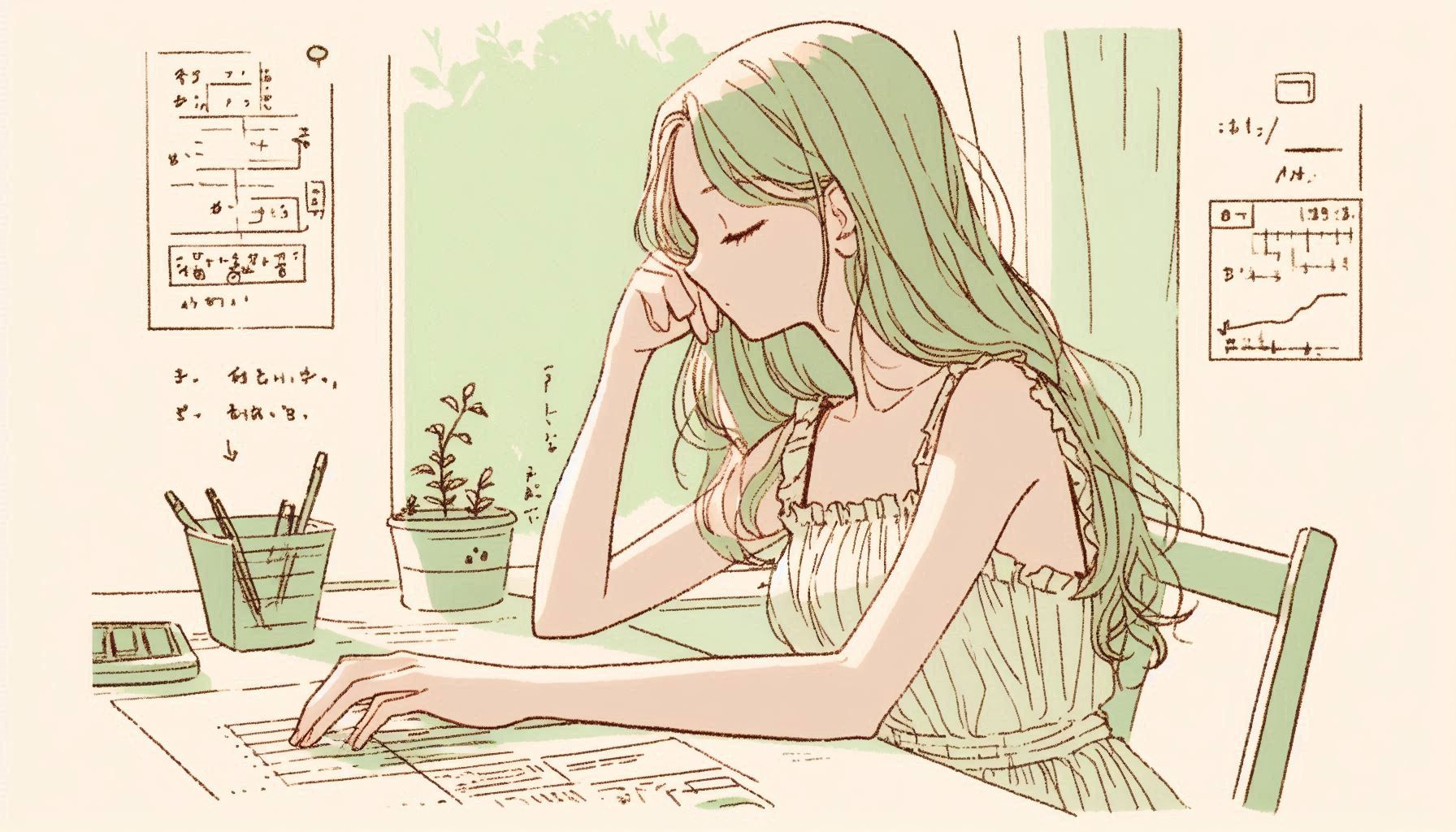机で目を閉じている女性のイラスト