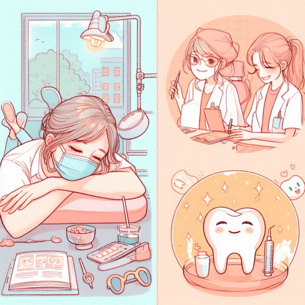 勉強している歯学部生と休んでいるイラスト