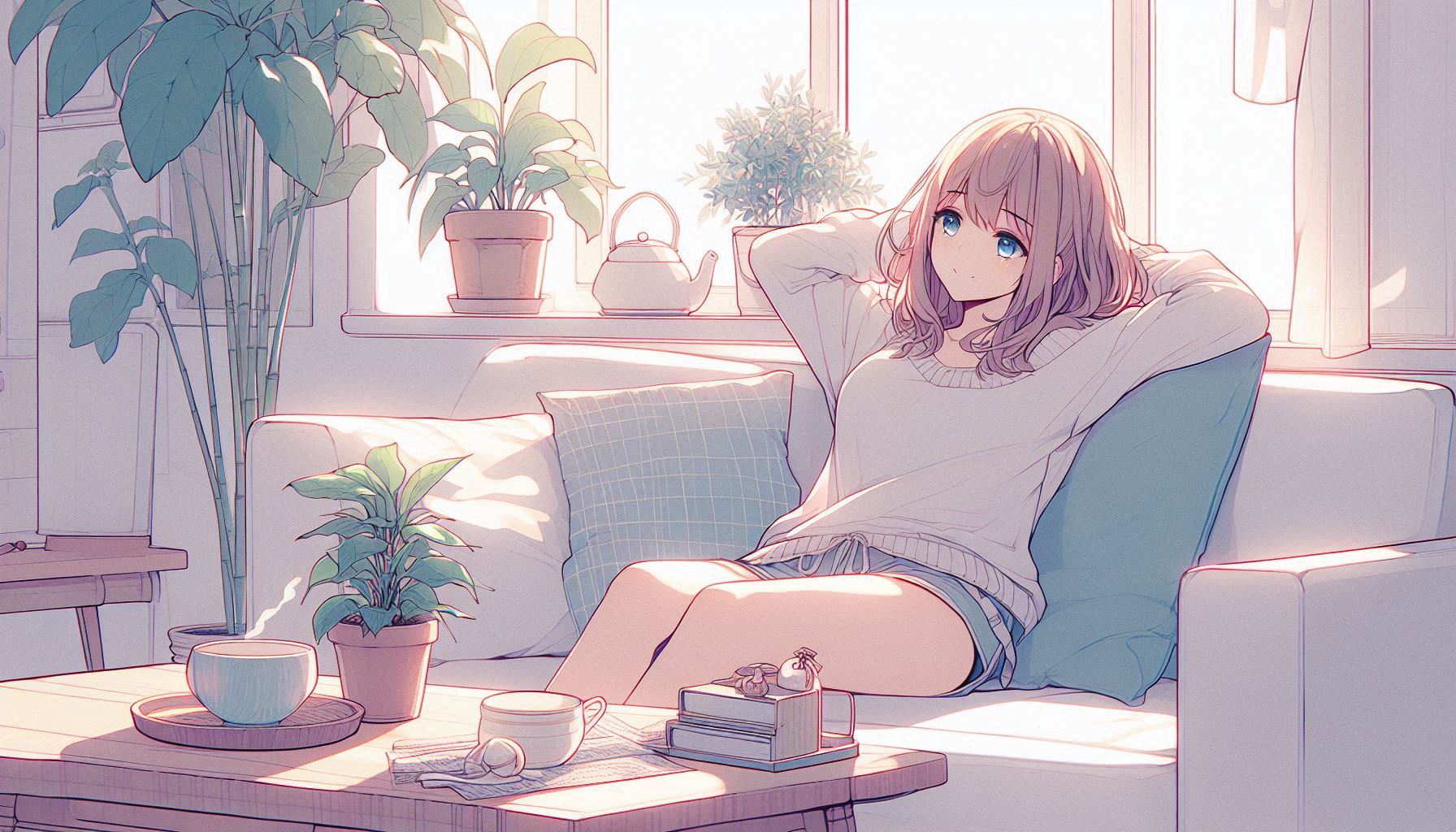 観葉植物と一緒にソファでくつろぐ若い女性