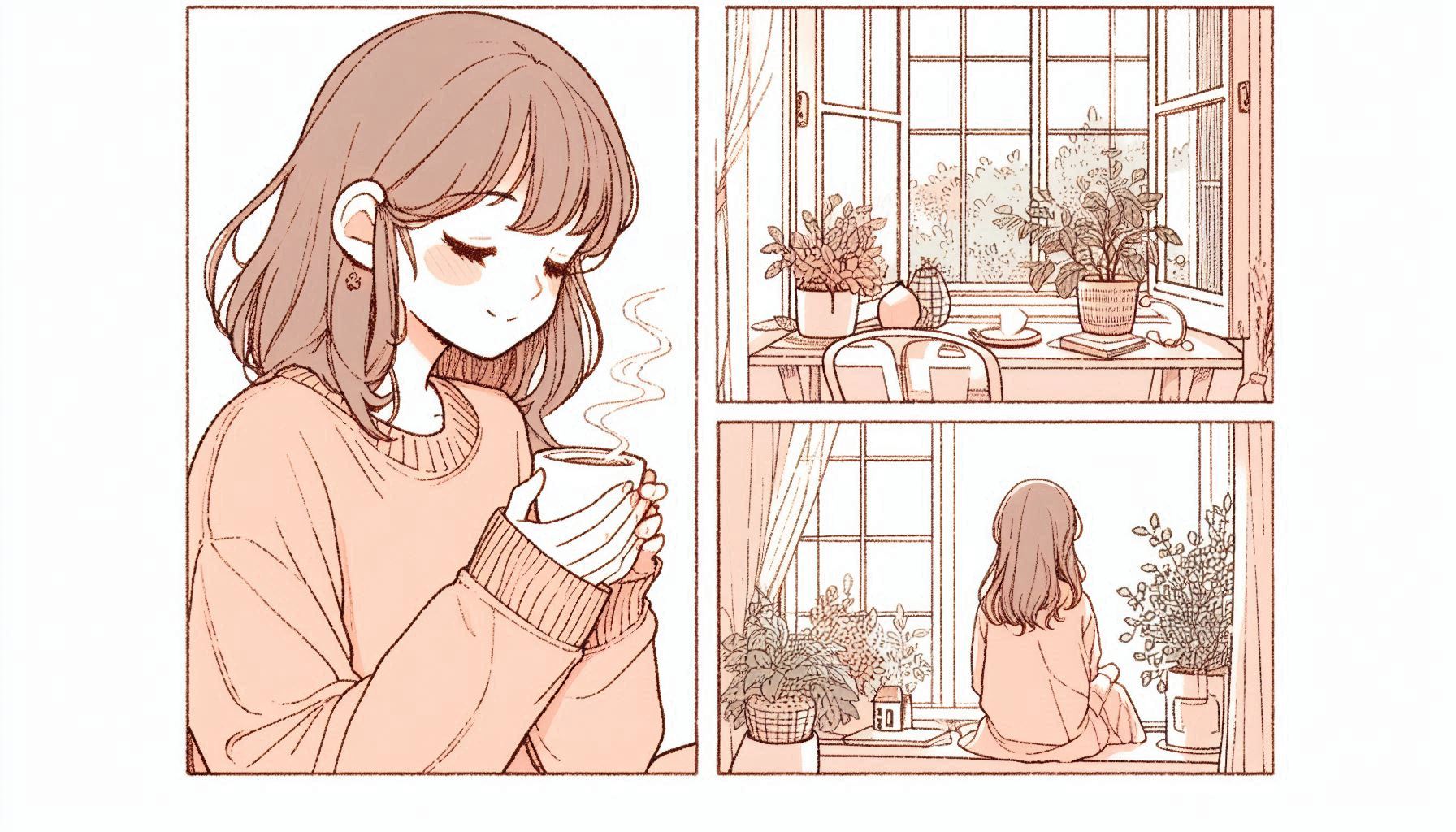 穏やかな表情でリラックスしている女性が、コーヒーを持って窓際でぼんやりと外を眺めている様子のイラスト