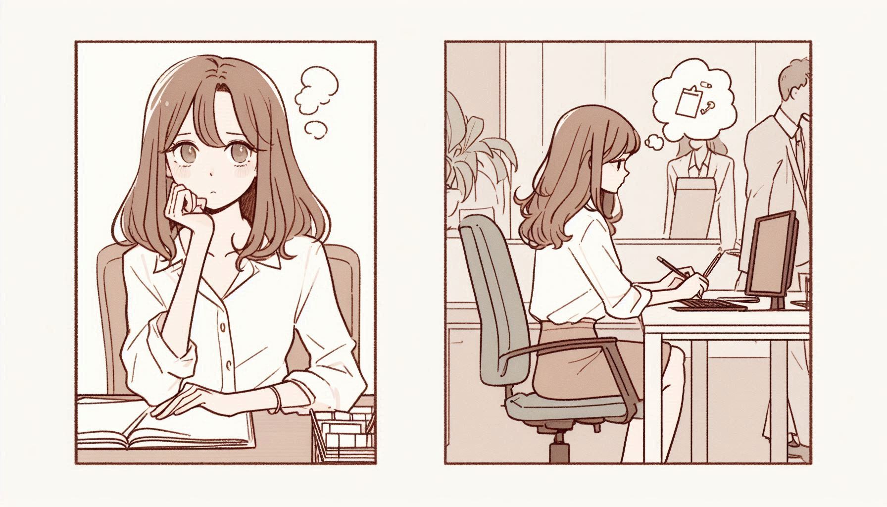 オフィスで少しモヤモヤしている女性のイラスト