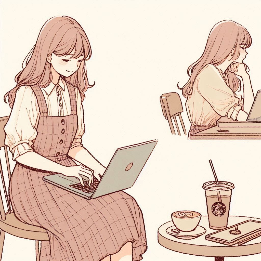 コーヒーを飲みながらノートPCで勉強している女性のイラスト