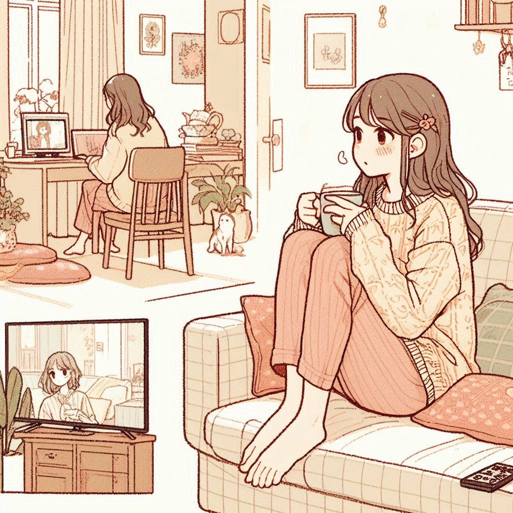 ソファでドラマを見る女性のイラスト