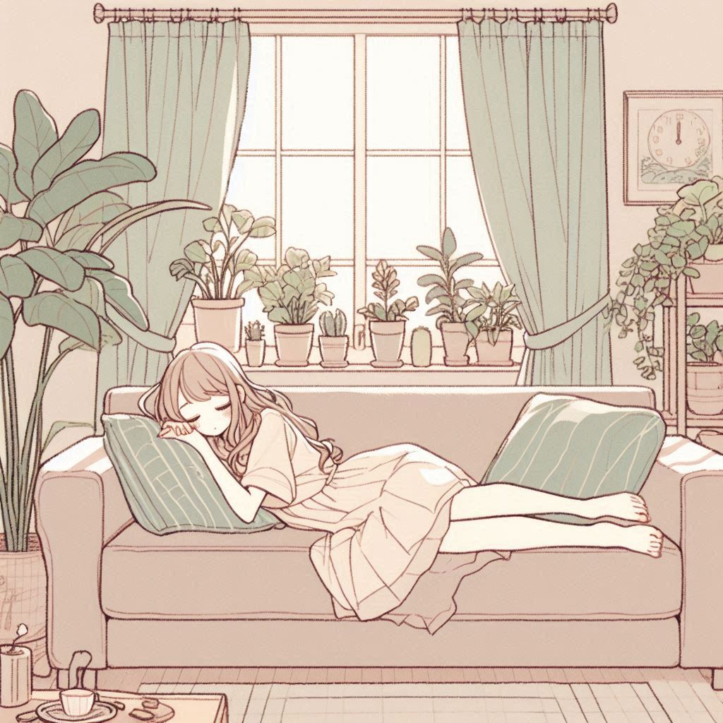 ソファで横になって休む女性のイラスト